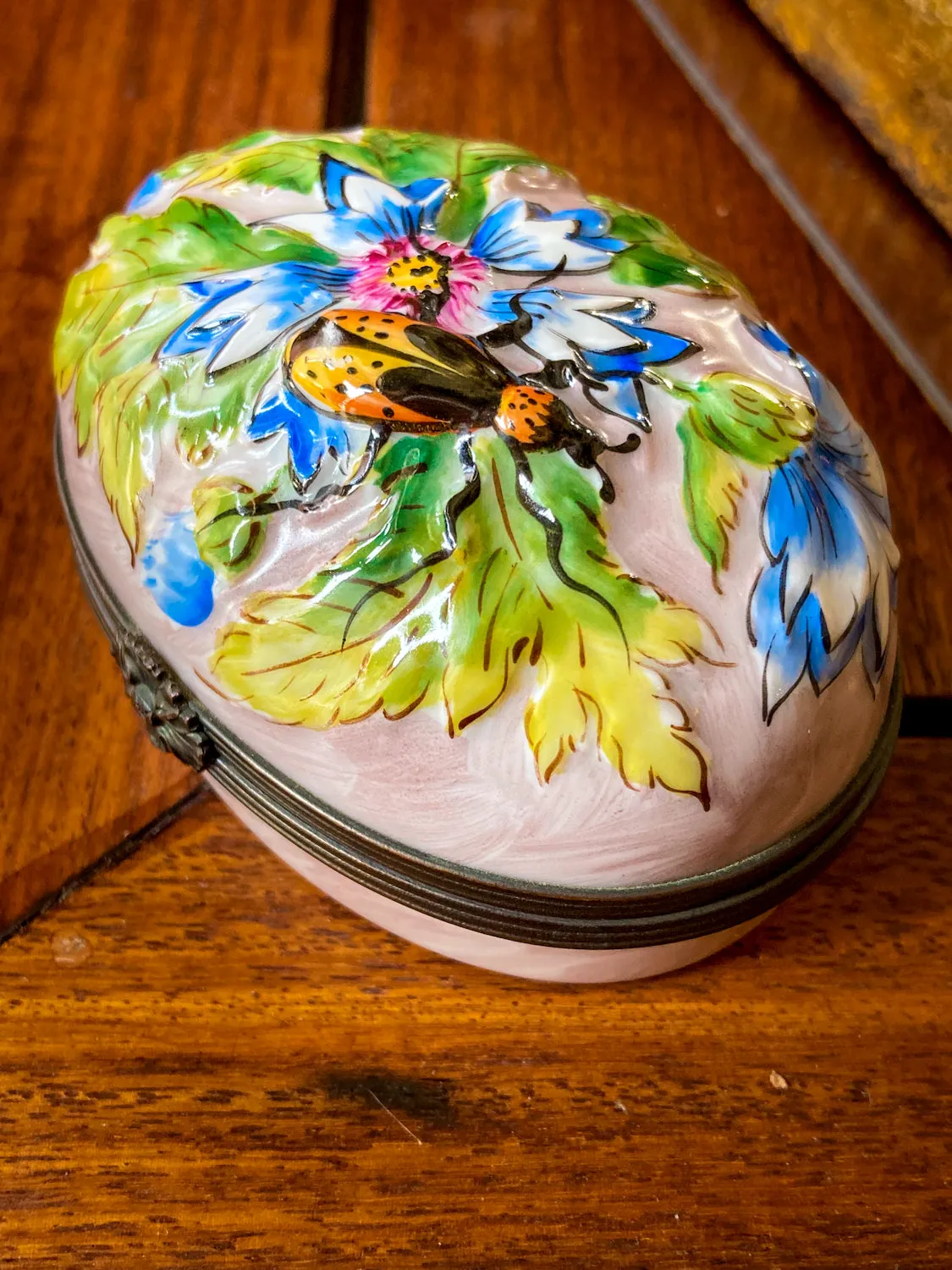 Limoges France Floral Beetle Pink Glass Style Oval Porcelain Pillbox