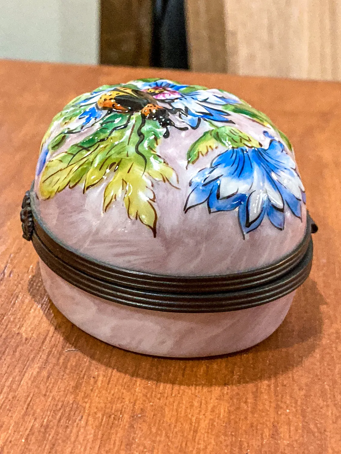 Limoges France Floral Beetle Pink Glass Style Oval Porcelain Pillbox
