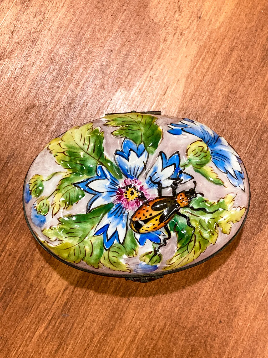 Limoges France Floral Beetle Pink Glass Style Oval Porcelain Pillbox