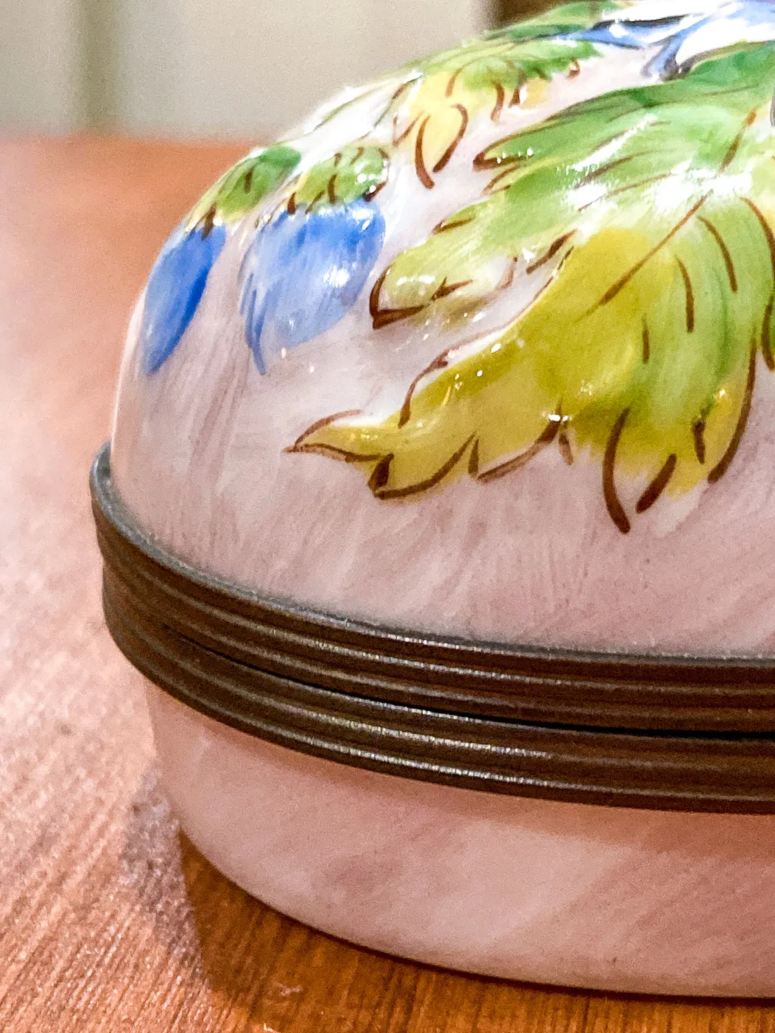 Limoges France Floral Beetle Pink Glass Style Oval Porcelain Pillbox