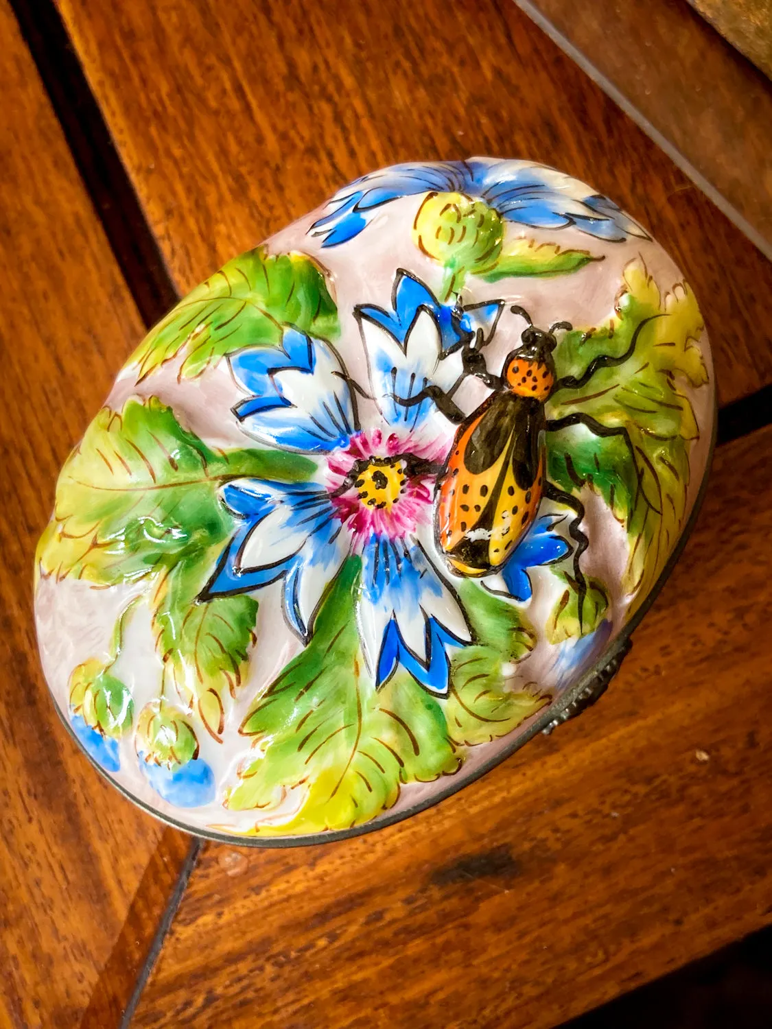 Limoges France Floral Beetle Pink Glass Style Oval Porcelain Pillbox