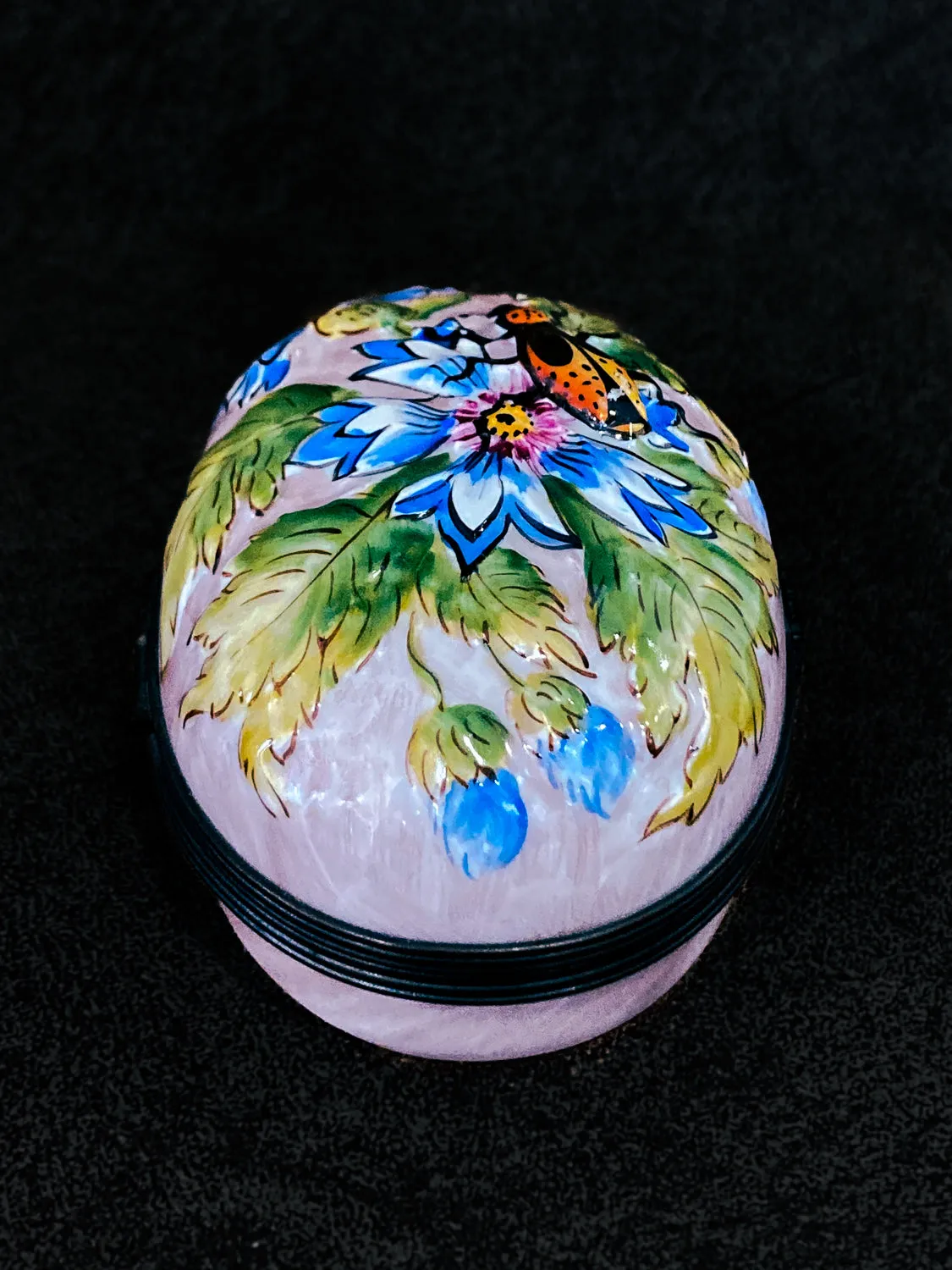Limoges France Floral Beetle Pink Glass Style Oval Porcelain Pillbox
