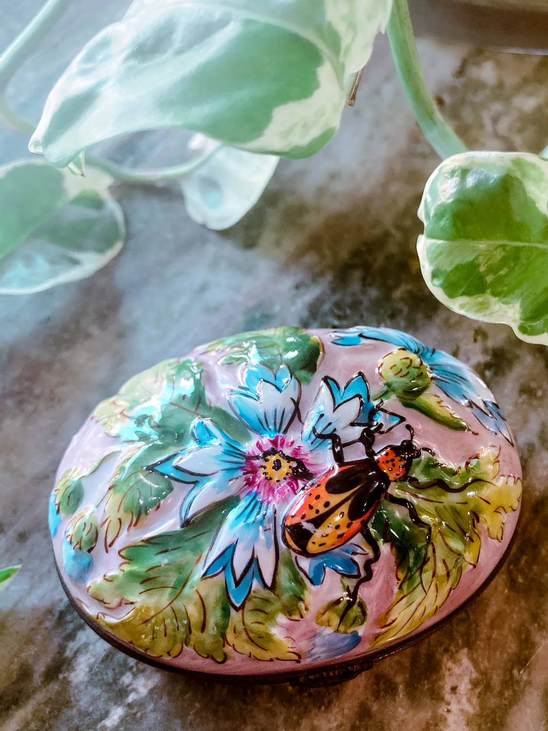 Limoges France Floral Beetle Pink Glass Style Oval Porcelain Pillbox