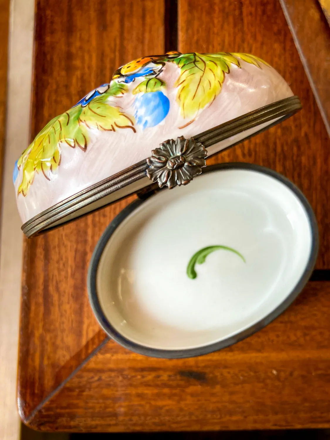 Limoges France Floral Beetle Pink Glass Style Oval Porcelain Pillbox