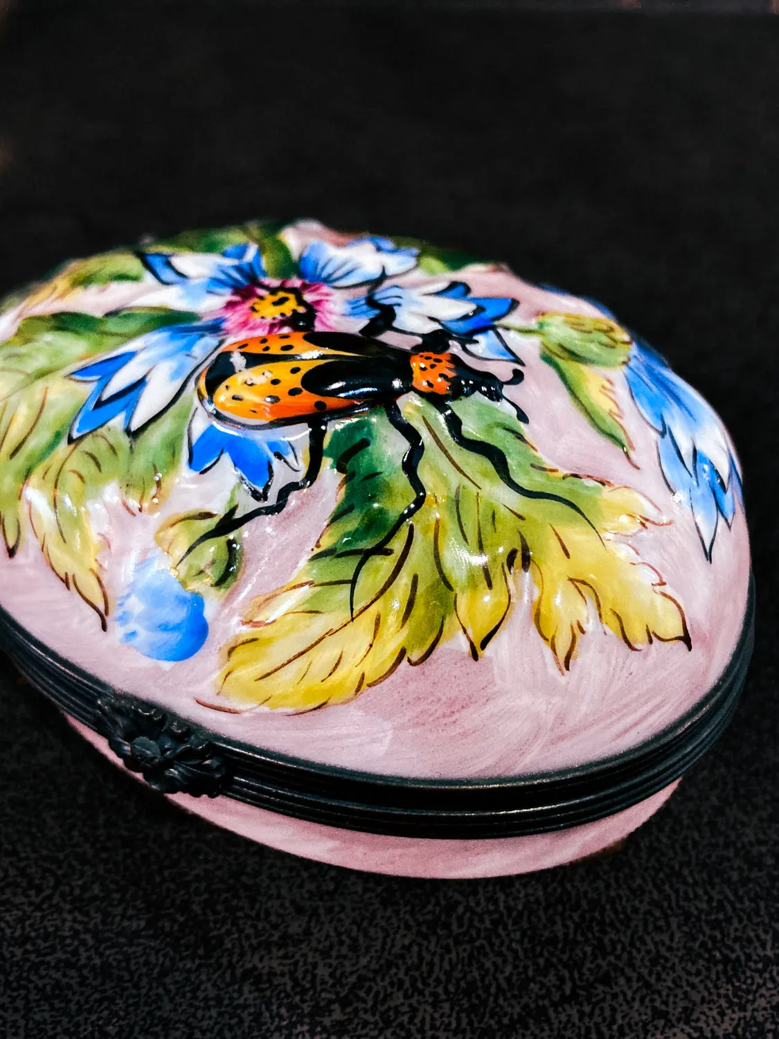 Limoges France Floral Beetle Pink Glass Style Oval Porcelain Pillbox