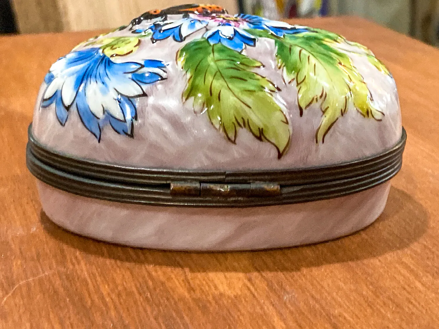 Limoges France Floral Beetle Pink Glass Style Oval Porcelain Pillbox