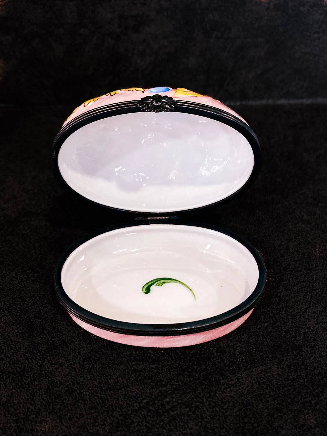 Limoges France Floral Beetle Pink Glass Style Oval Porcelain Pillbox