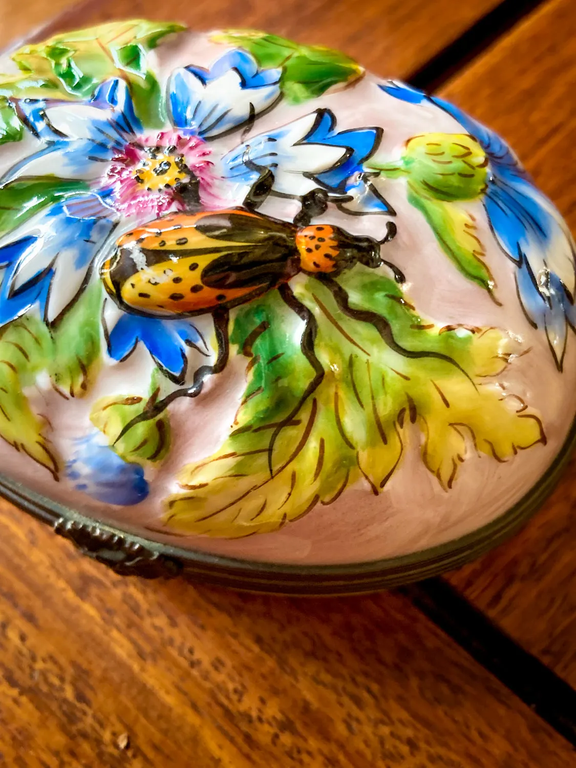 Limoges France Floral Beetle Pink Glass Style Oval Porcelain Pillbox