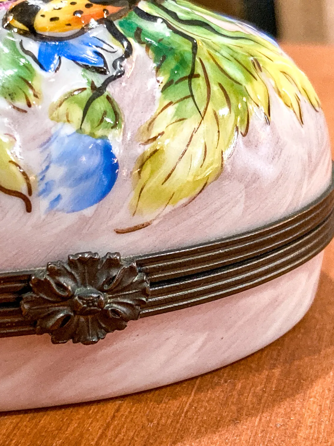 Limoges France Floral Beetle Pink Glass Style Oval Porcelain Pillbox