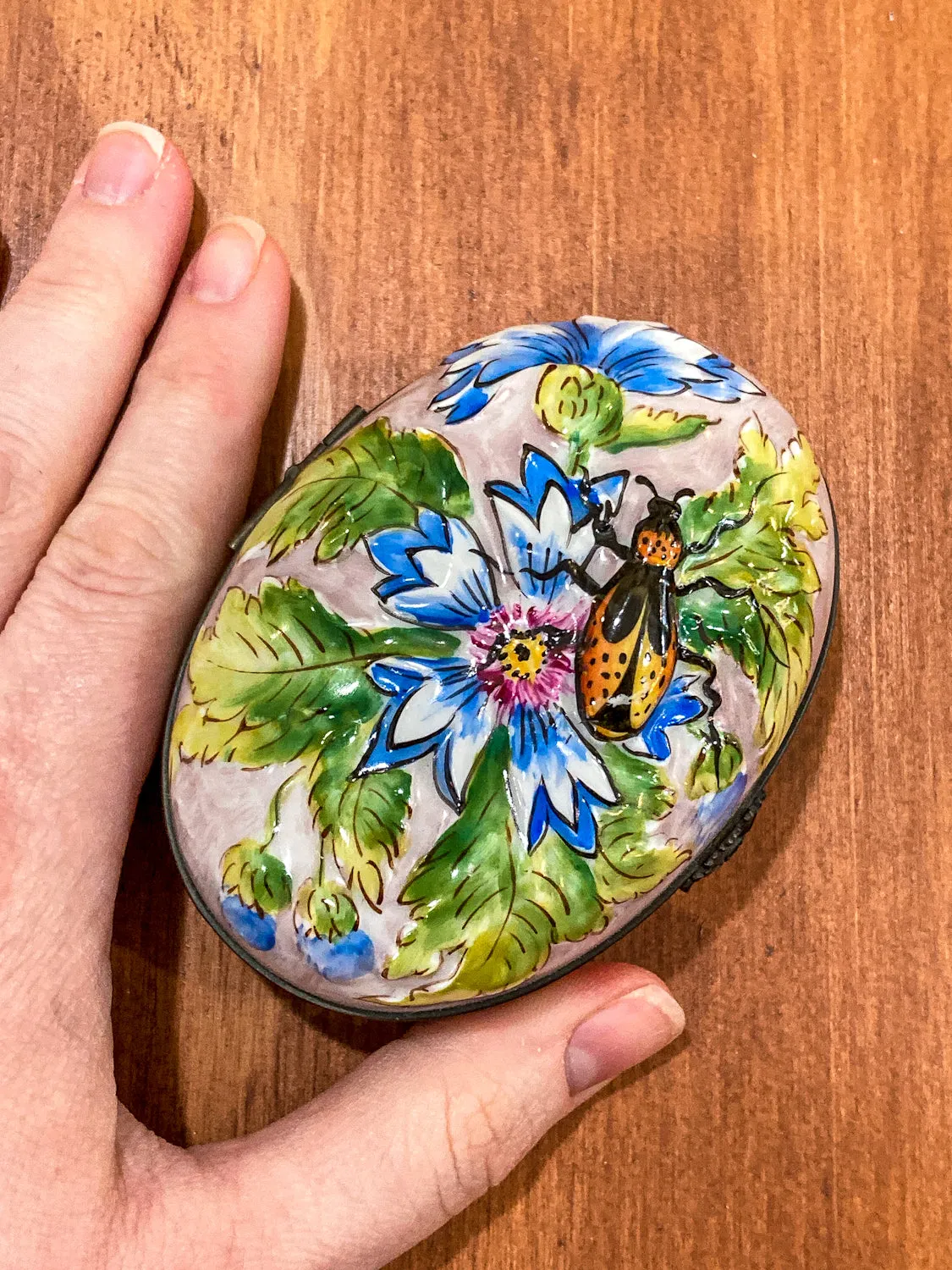 Limoges France Floral Beetle Pink Glass Style Oval Porcelain Pillbox