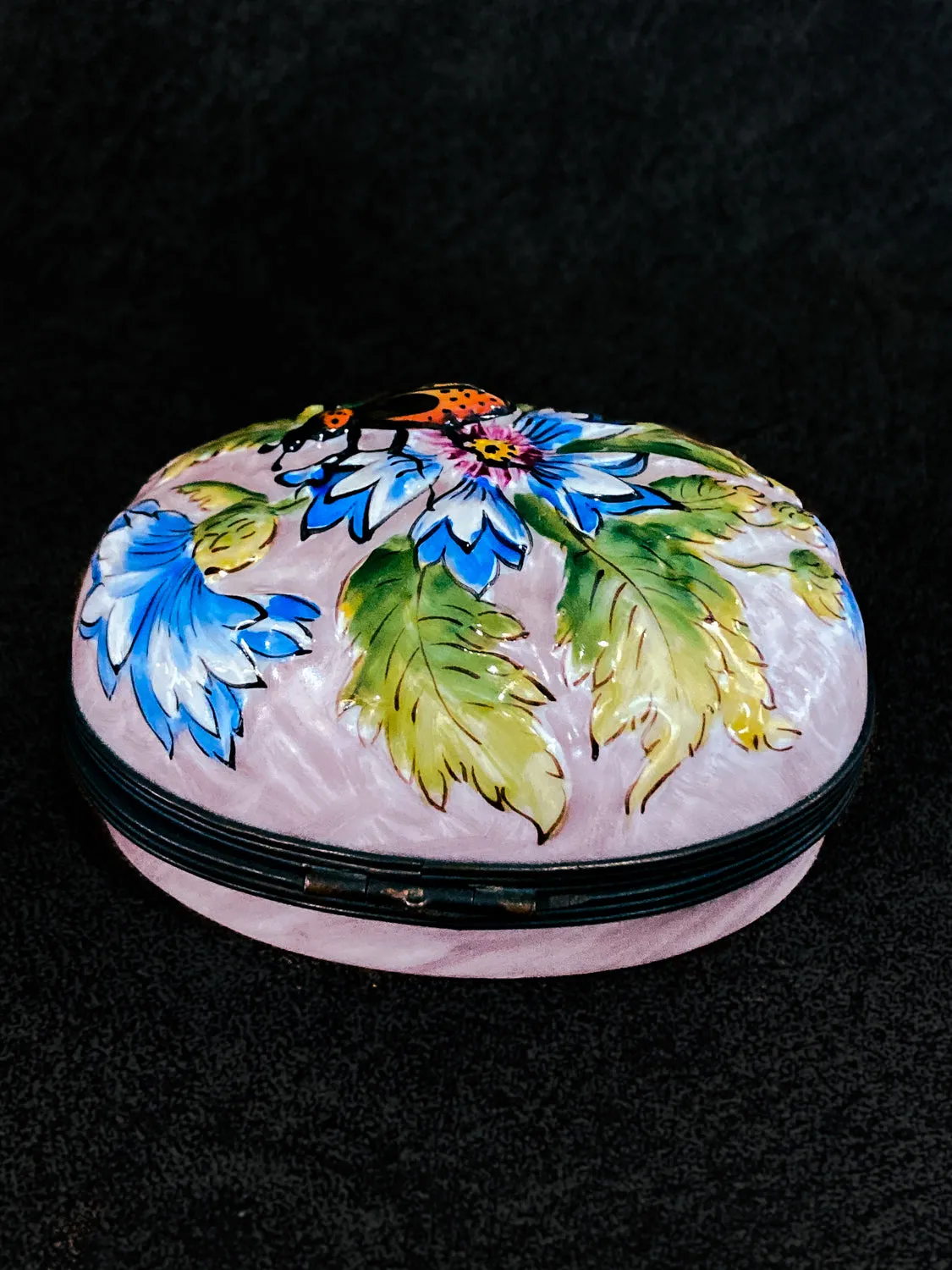 Limoges France Floral Beetle Pink Glass Style Oval Porcelain Pillbox