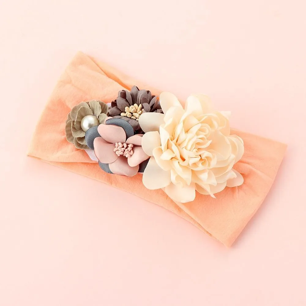 Luxury Handamde Pearl Baby Kids Fashion Headbands Nylon Flower Girl Hairband Pearl Turban Soft Bow