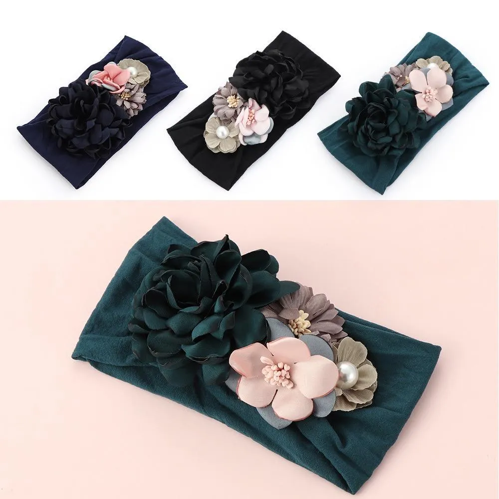 Luxury Handamde Pearl Baby Kids Fashion Headbands Nylon Flower Girl Hairband Pearl Turban Soft Bow