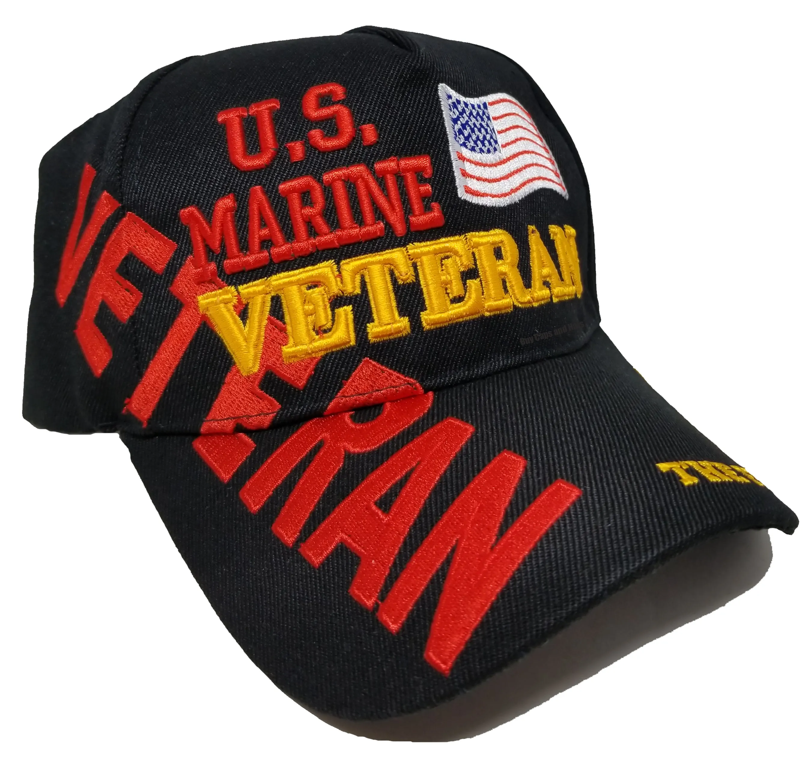 Marine Veteran Hat, Black and Red Baseball Cap with American Flag, Adjustable Size, Embroidered