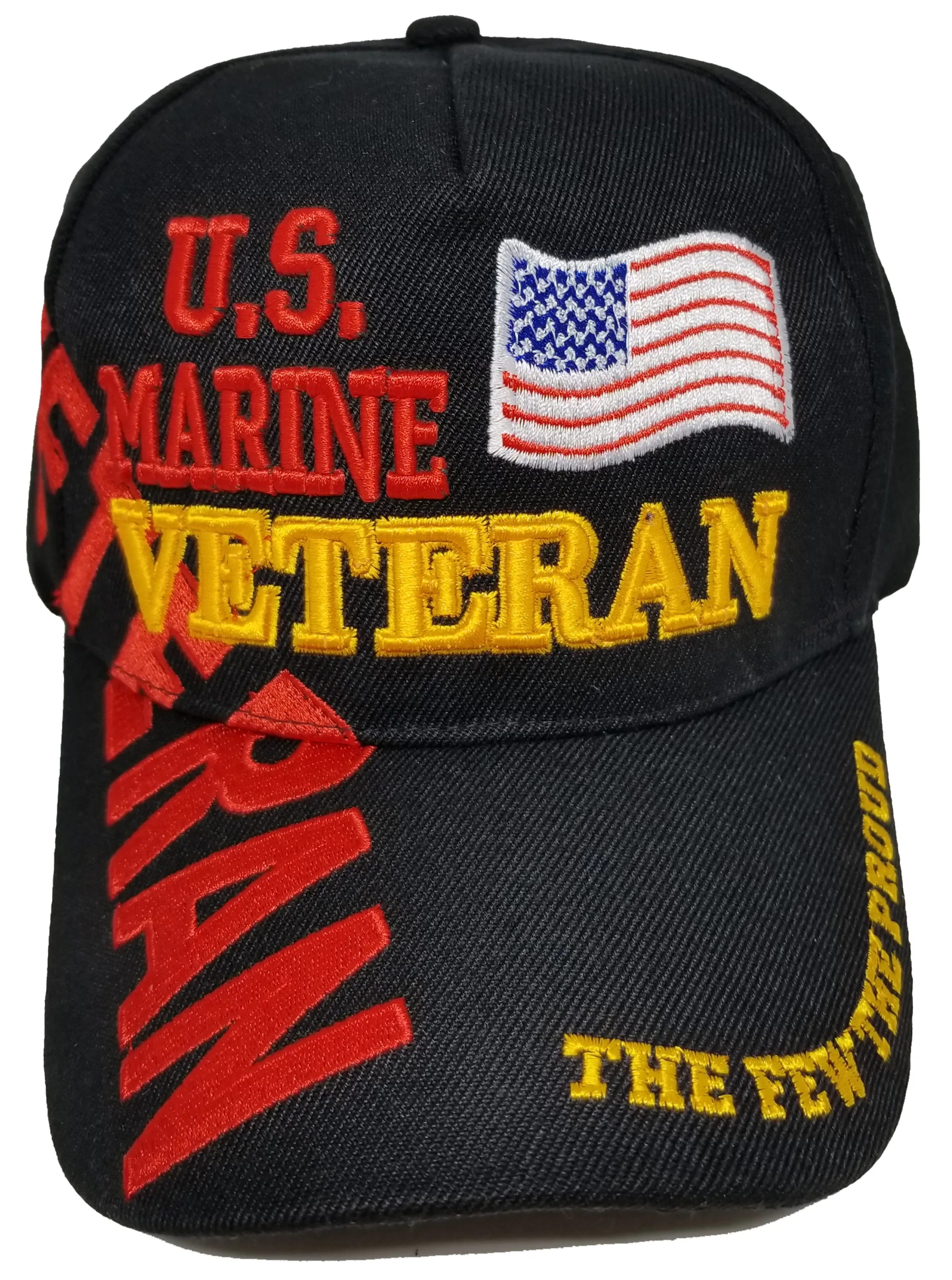 Marine Veteran Hat, Black and Red Baseball Cap with American Flag, Adjustable Size, Embroidered
