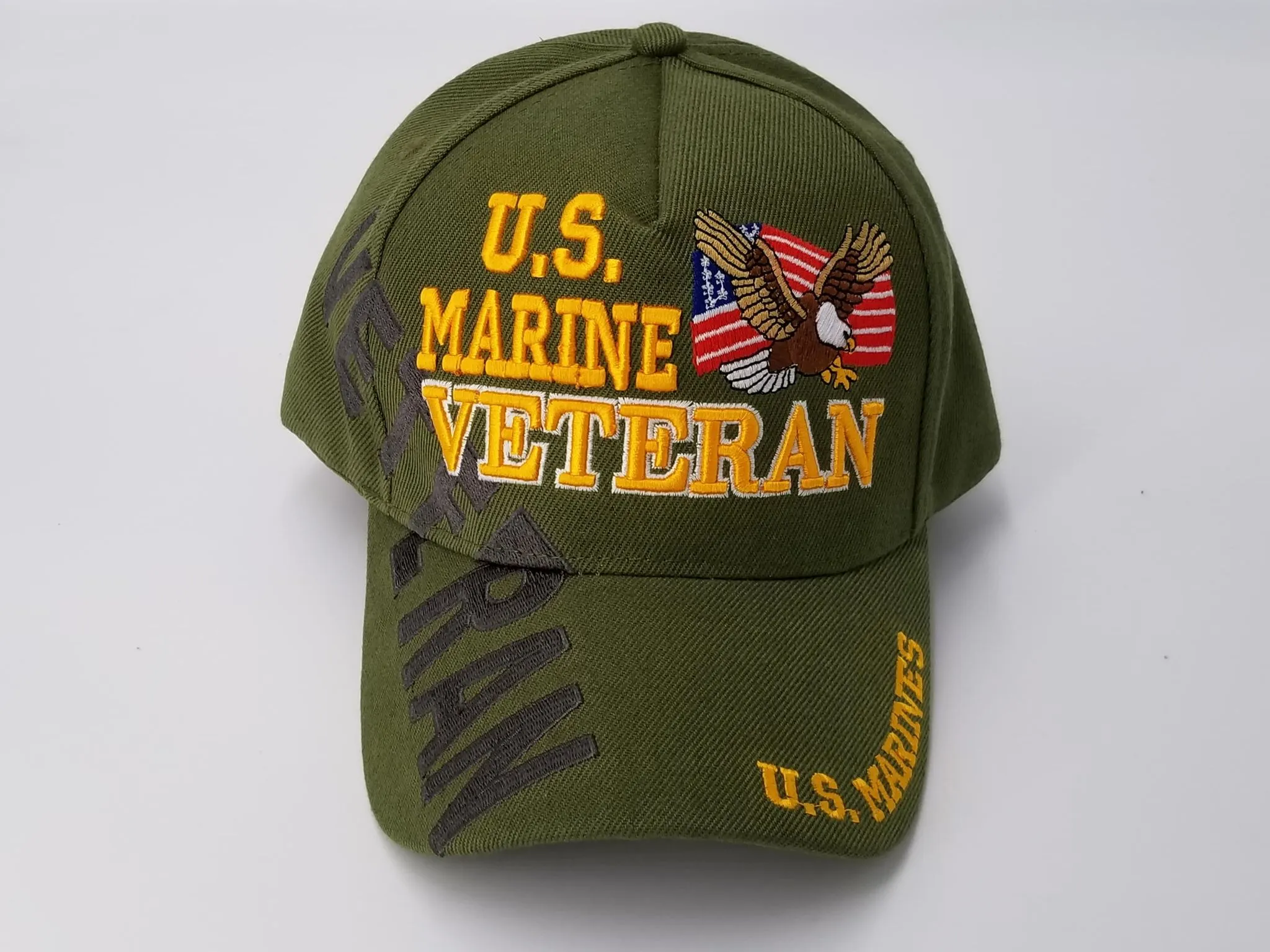 Marine Veteran OD Green Hat, Olive Drab Baseball Cap, Eagle and American Flag