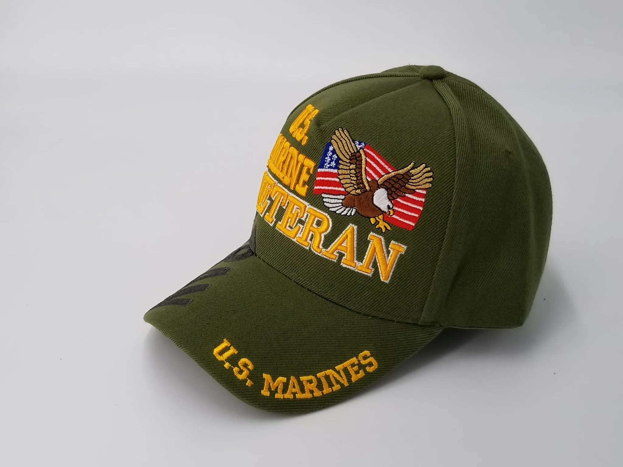 Marine Veteran OD Green Hat, Olive Drab Baseball Cap, Eagle and American Flag