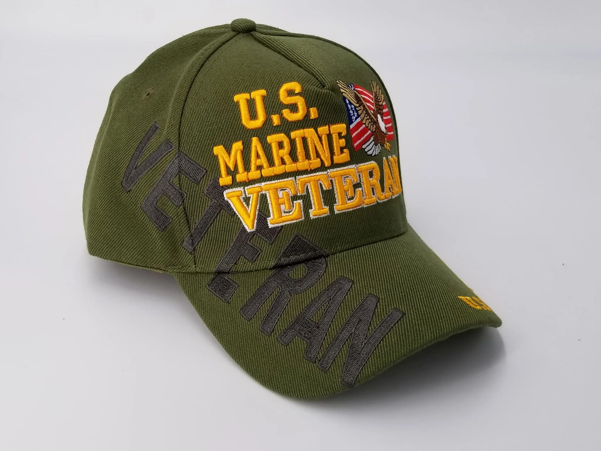 Marine Veteran OD Green Hat, Olive Drab Baseball Cap, Eagle and American Flag