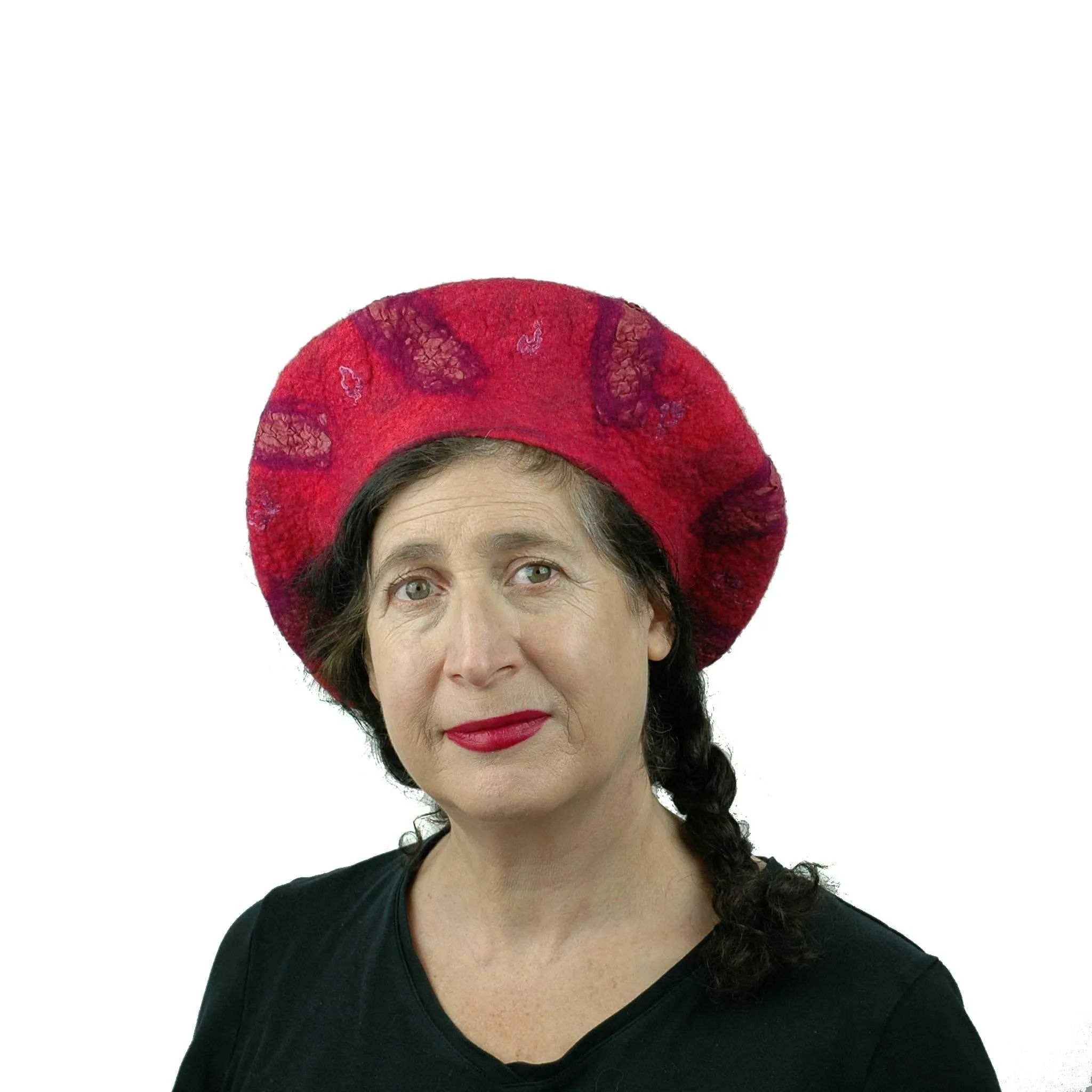 Nunofelted Raspberry Beret with Corkscrew