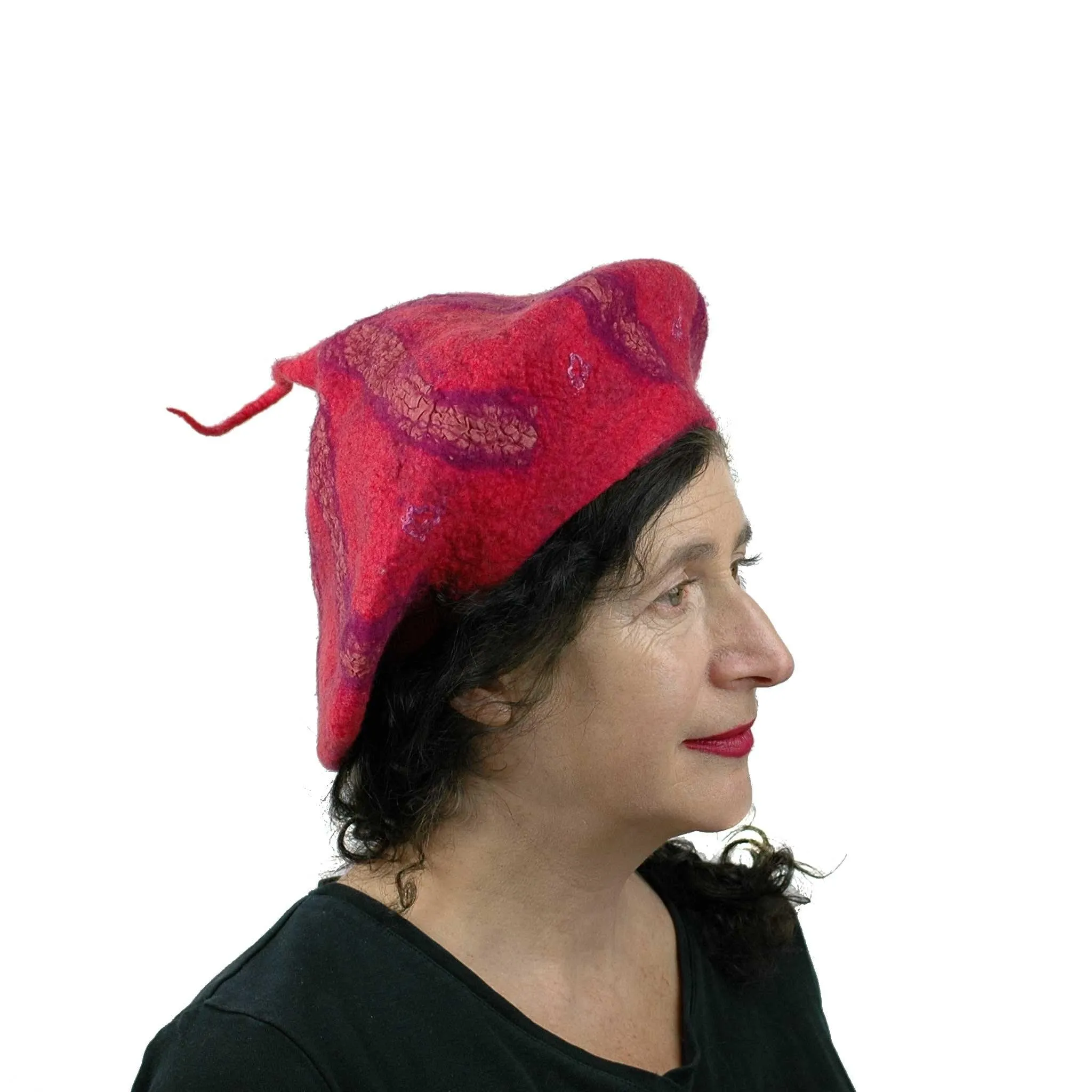 Nunofelted Raspberry Beret with Corkscrew