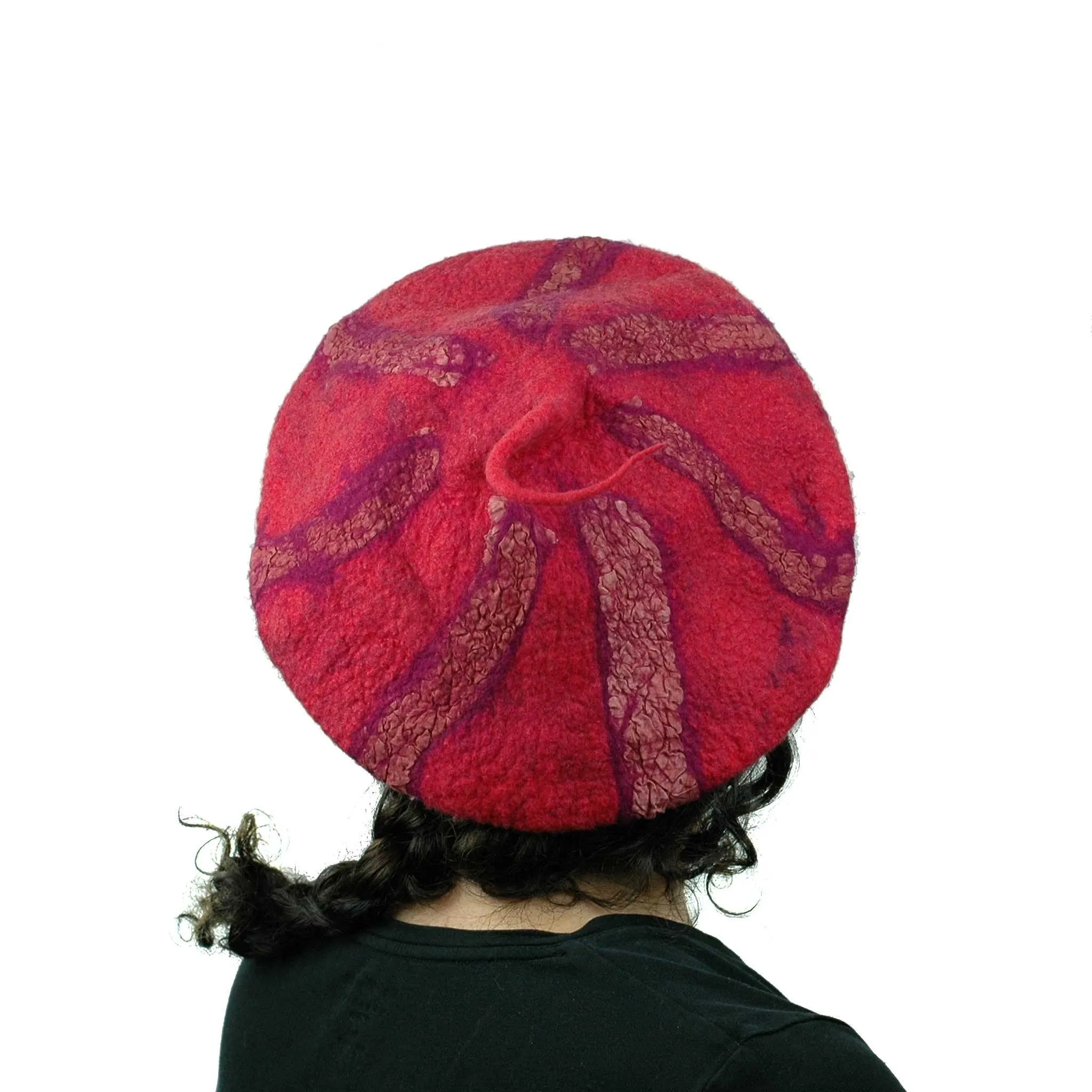 Nunofelted Raspberry Beret with Corkscrew