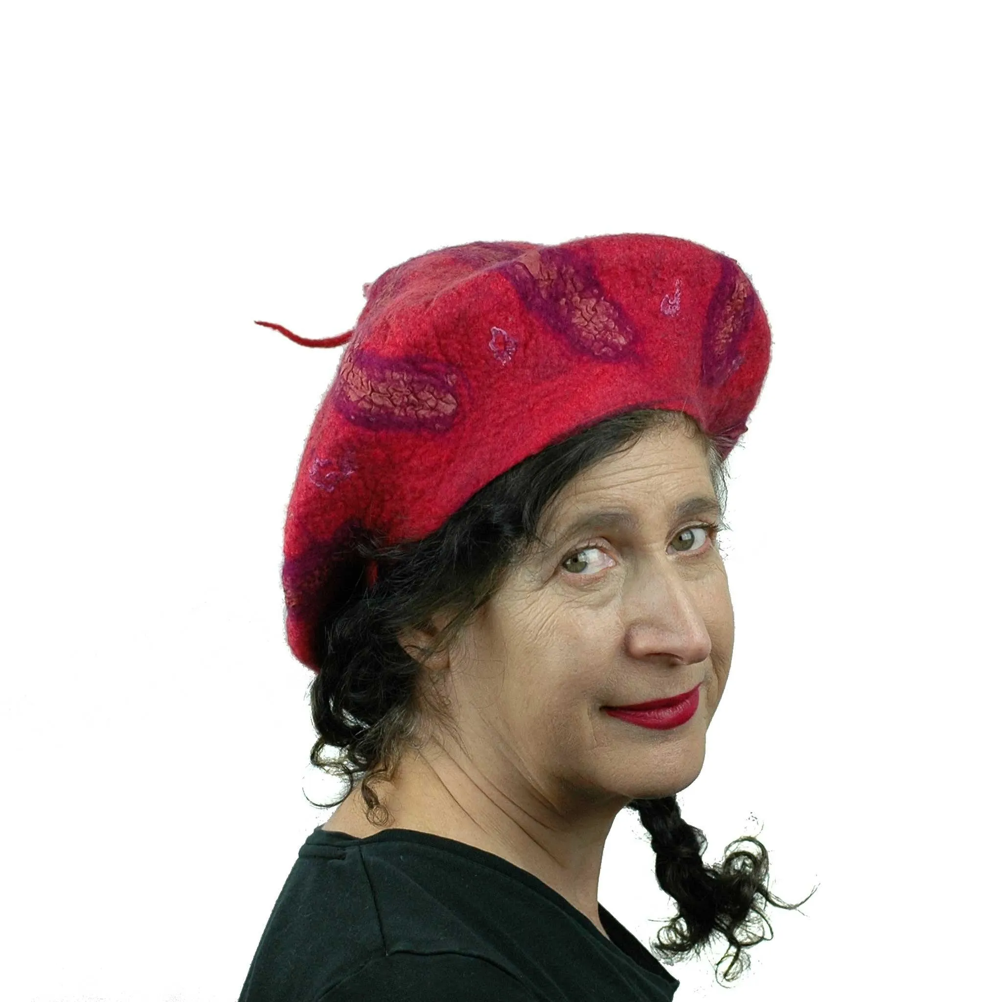 Nunofelted Raspberry Beret with Corkscrew