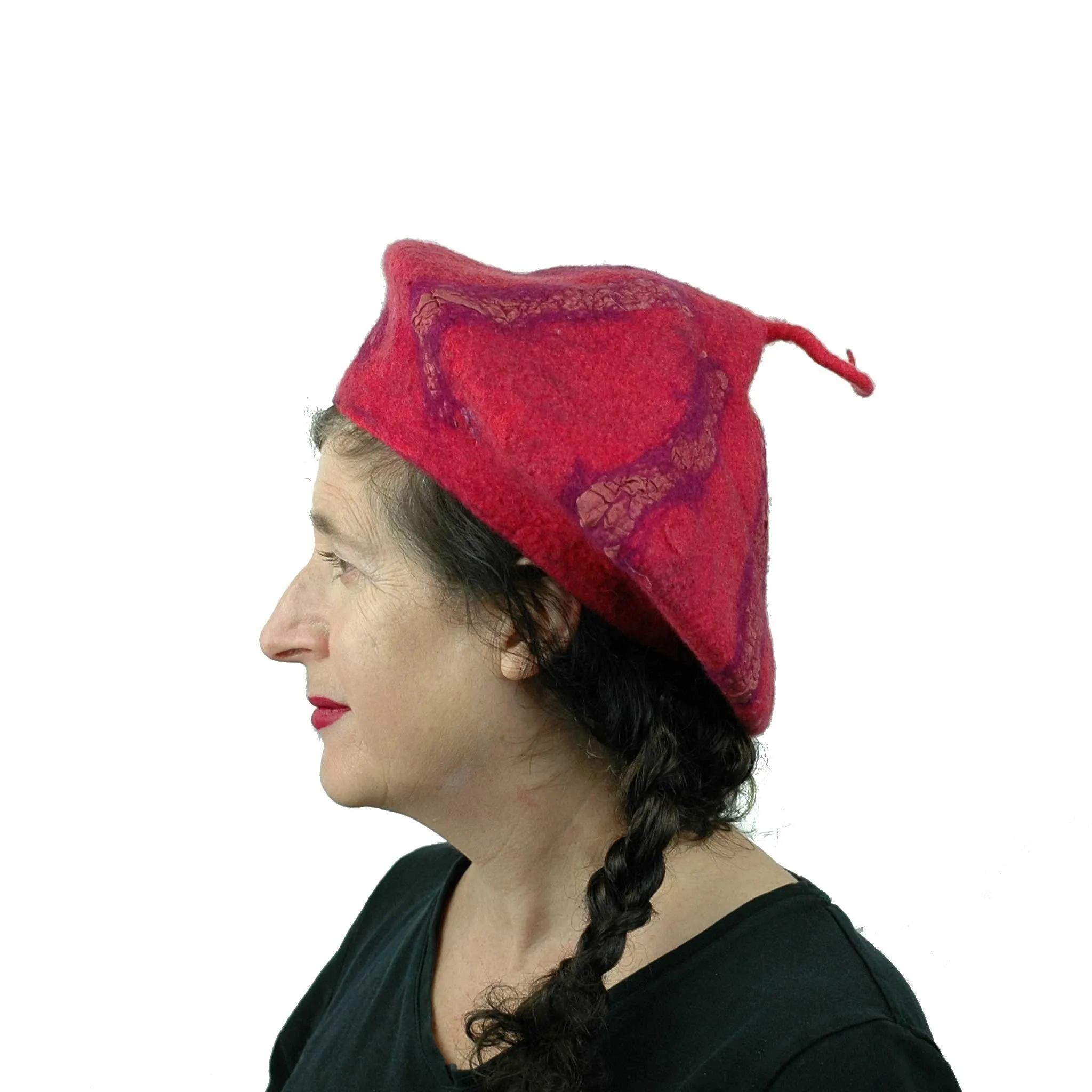 Nunofelted Raspberry Beret with Corkscrew