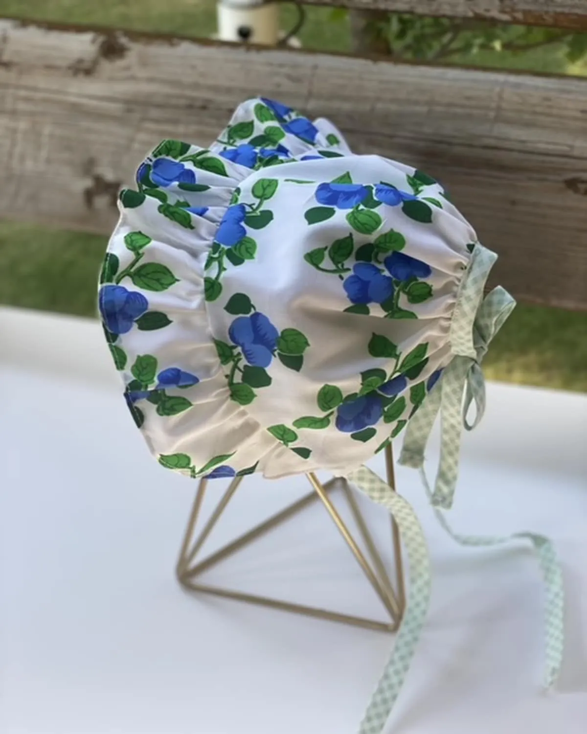 Open Back Ruffle Bonnet - Blue Florals & White