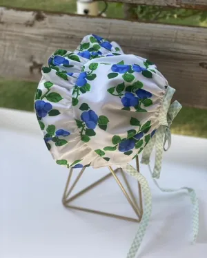 Open Back Ruffle Bonnet - Blue Florals & White