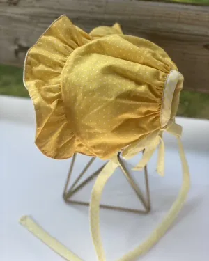 Open Back Ruffle Bonnet - Mustard & White Dots
