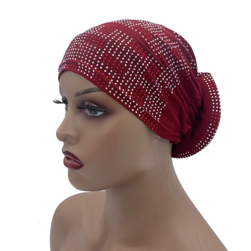 Pleated Turban Cap with Padded Diamonds Design Elastic Muslim Headscarf Bonnet African Headwrap India Hats