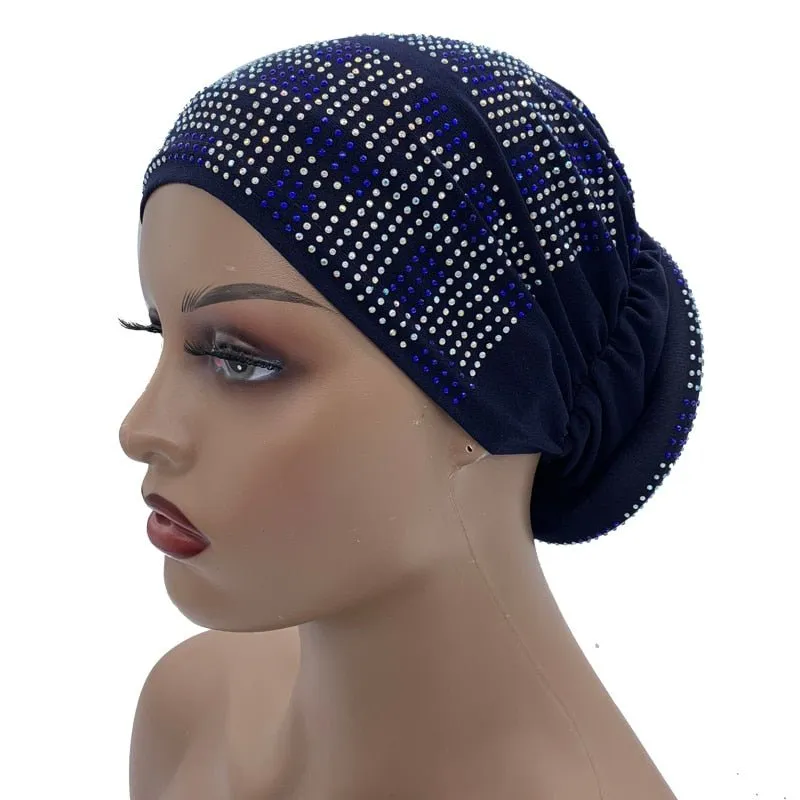 Pleated Turban Cap with Padded Diamonds Design Elastic Muslim Headscarf Bonnet African Headwrap India Hats