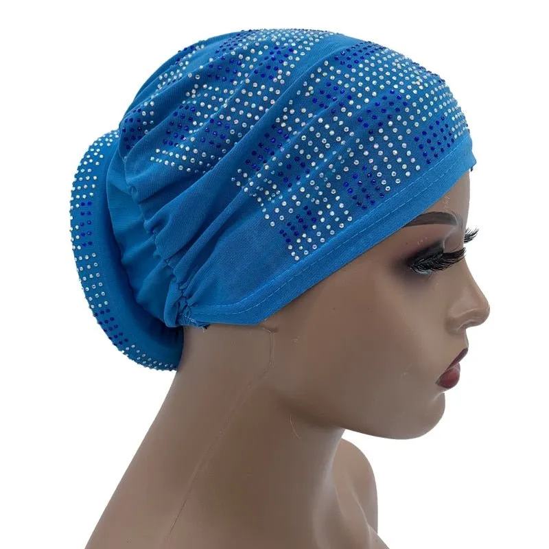 Pleated Turban Cap with Padded Diamonds Design Elastic Muslim Headscarf Bonnet African Headwrap India Hats