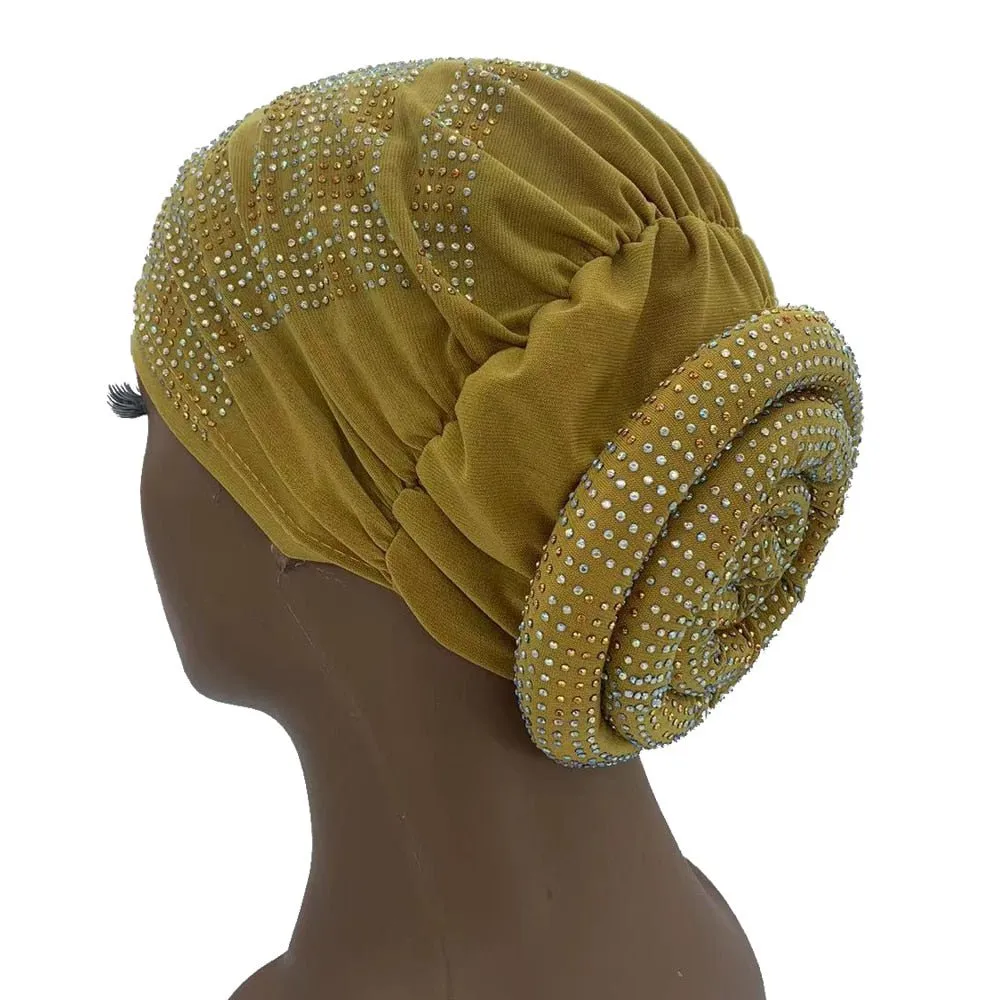 Pleated Turban Cap with Padded Diamonds Design Elastic Muslim Headscarf Bonnet African Headwrap India Hats