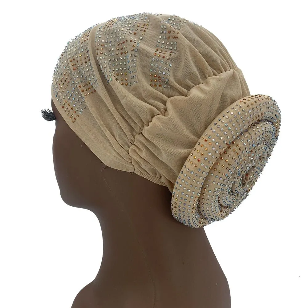 Pleated Turban Cap with Padded Diamonds Design Elastic Muslim Headscarf Bonnet African Headwrap India Hats