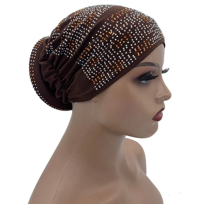 Pleated Turban Cap with Padded Diamonds Design Elastic Muslim Headscarf Bonnet African Headwrap India Hats