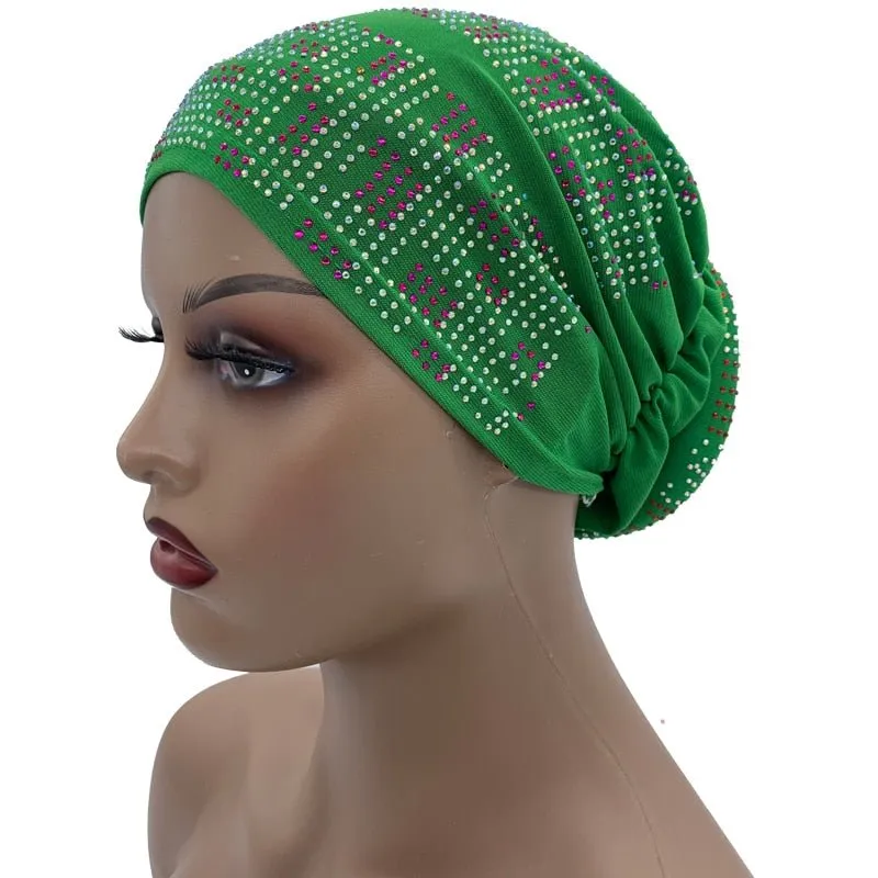 Pleated Turban Cap with Padded Diamonds Design Elastic Muslim Headscarf Bonnet African Headwrap India Hats