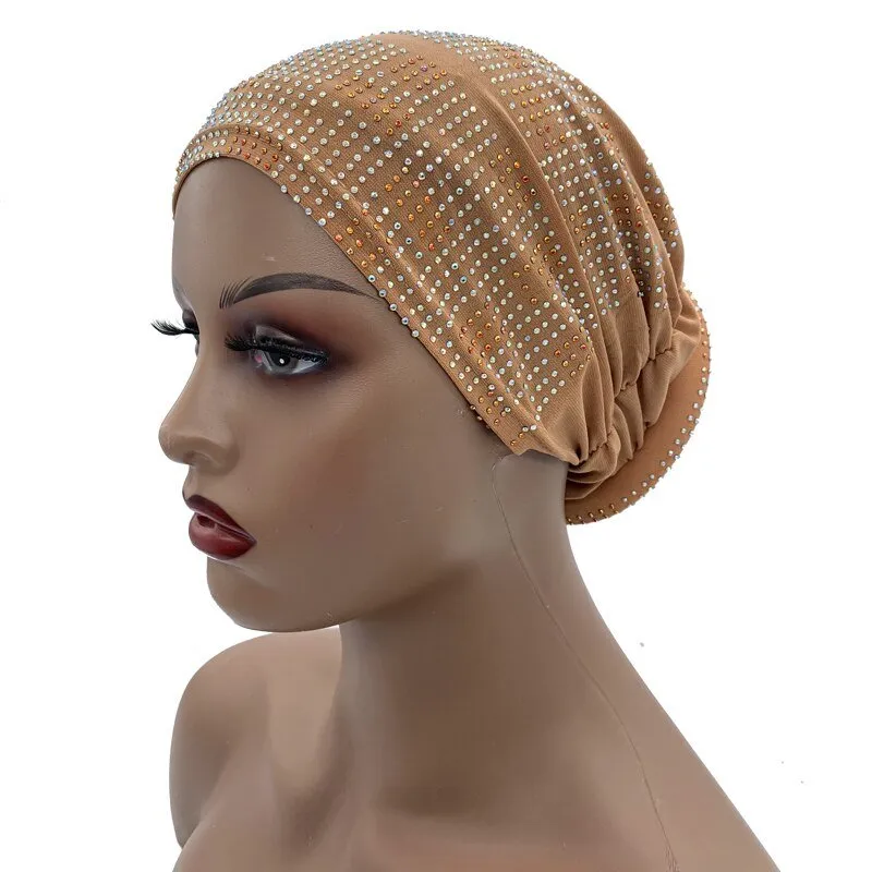 Pleated Turban Cap with Padded Diamonds Design Elastic Muslim Headscarf Bonnet African Headwrap India Hats