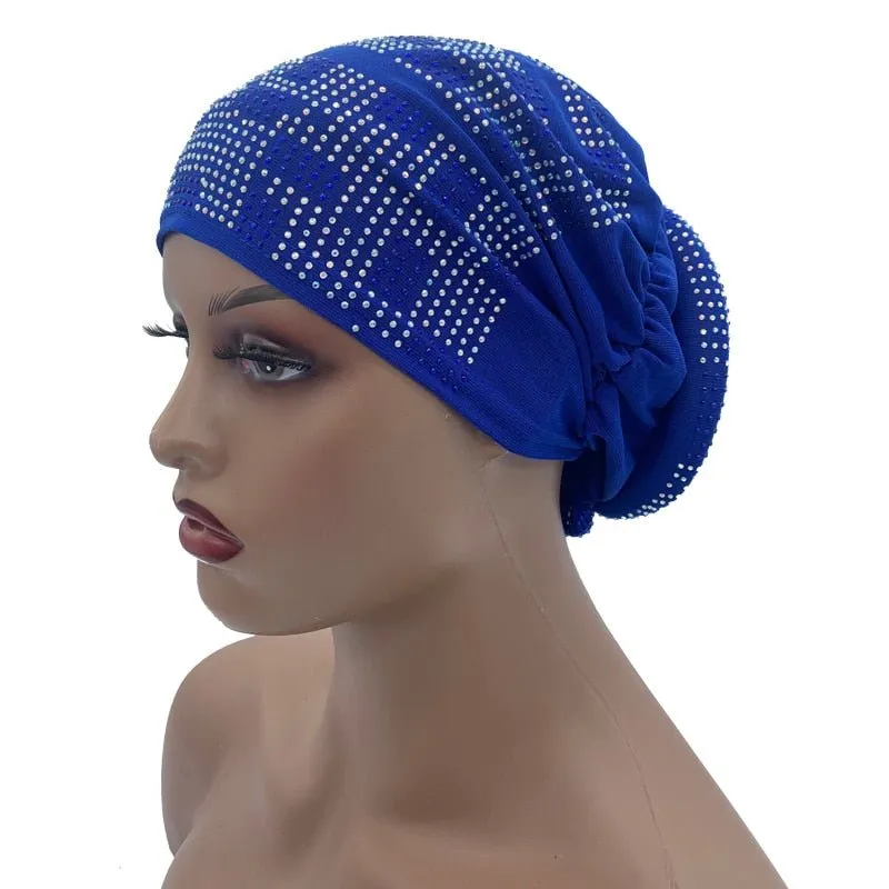 Pleated Turban Cap with Padded Diamonds Design Elastic Muslim Headscarf Bonnet African Headwrap India Hats