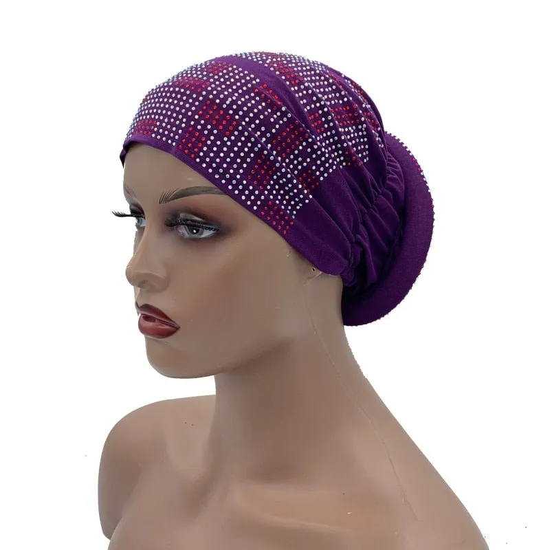 Pleated Turban Cap with Padded Diamonds Design Elastic Muslim Headscarf Bonnet African Headwrap India Hats