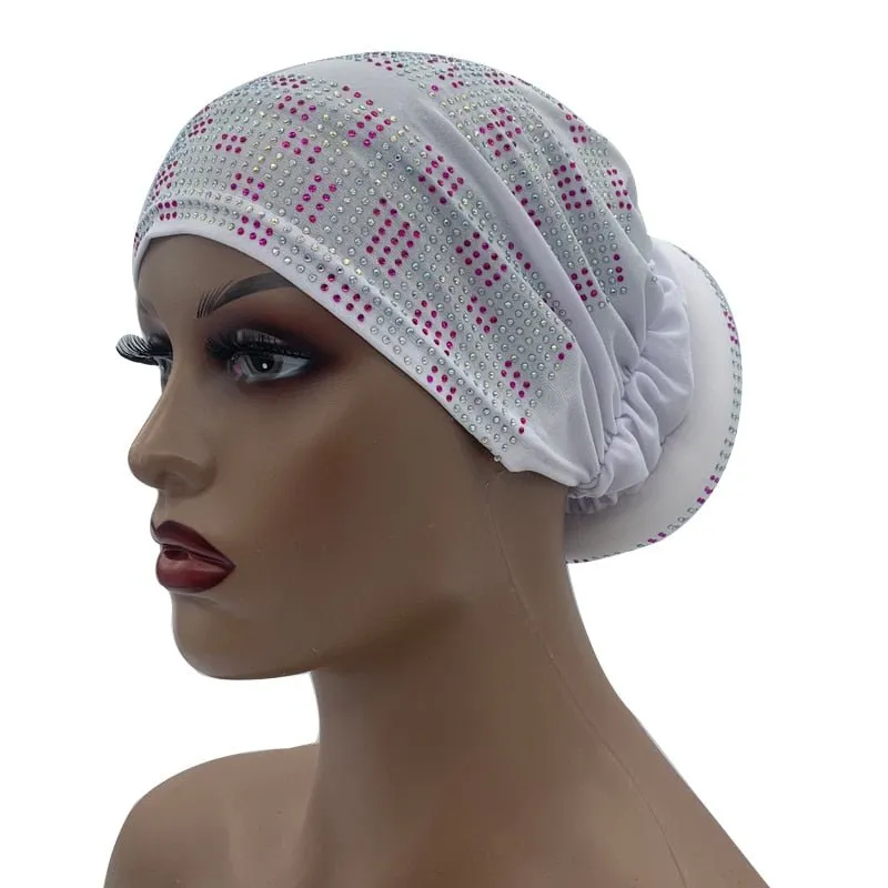 Pleated Turban Cap with Padded Diamonds Design Elastic Muslim Headscarf Bonnet African Headwrap India Hats
