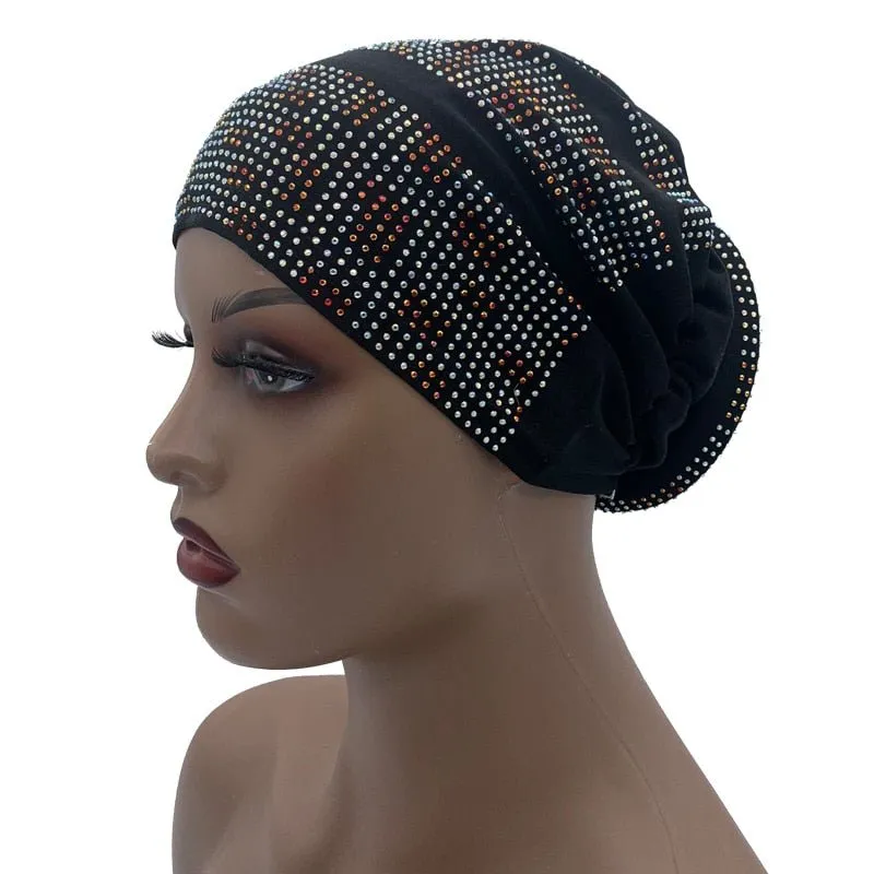 Pleated Turban Cap with Padded Diamonds Design Elastic Muslim Headscarf Bonnet African Headwrap India Hats