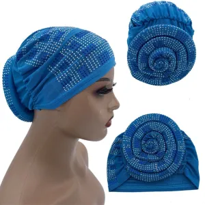 Pleated Turban Cap with Padded Diamonds Design Elastic Muslim Headscarf Bonnet African Headwrap India Hats