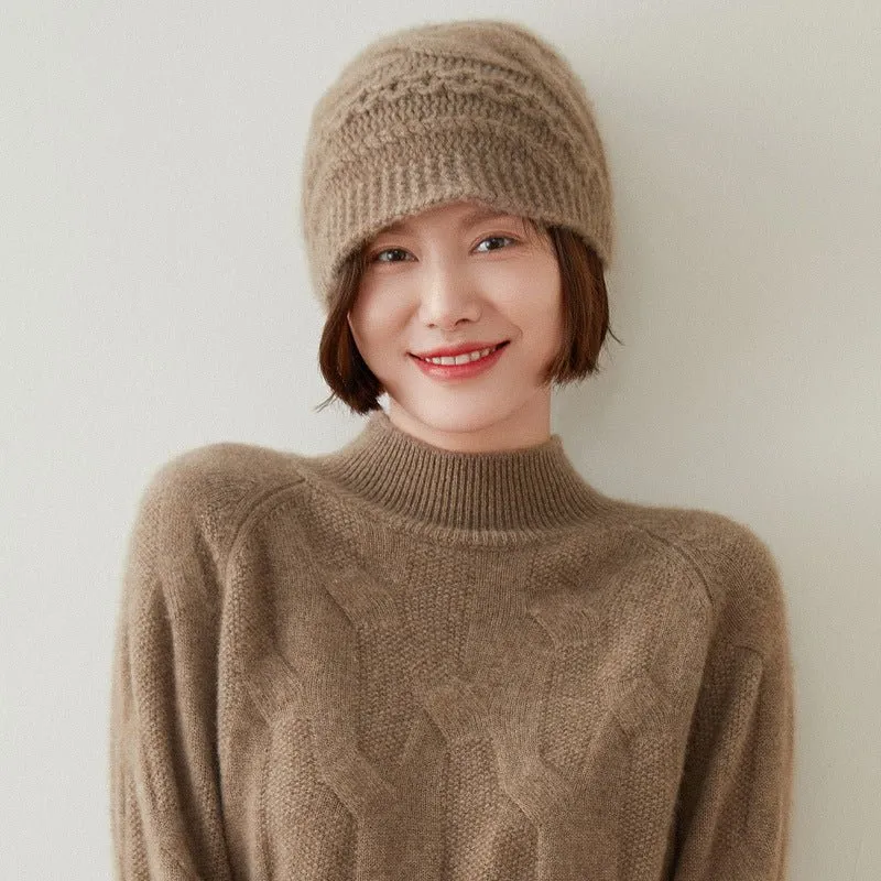 Premium Cashmere Knit Beanie Ribbed Cashmere Hat for Women