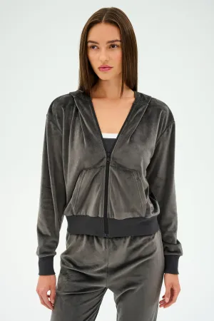 Rhys Velour Zip Up Hoodie - Graphite