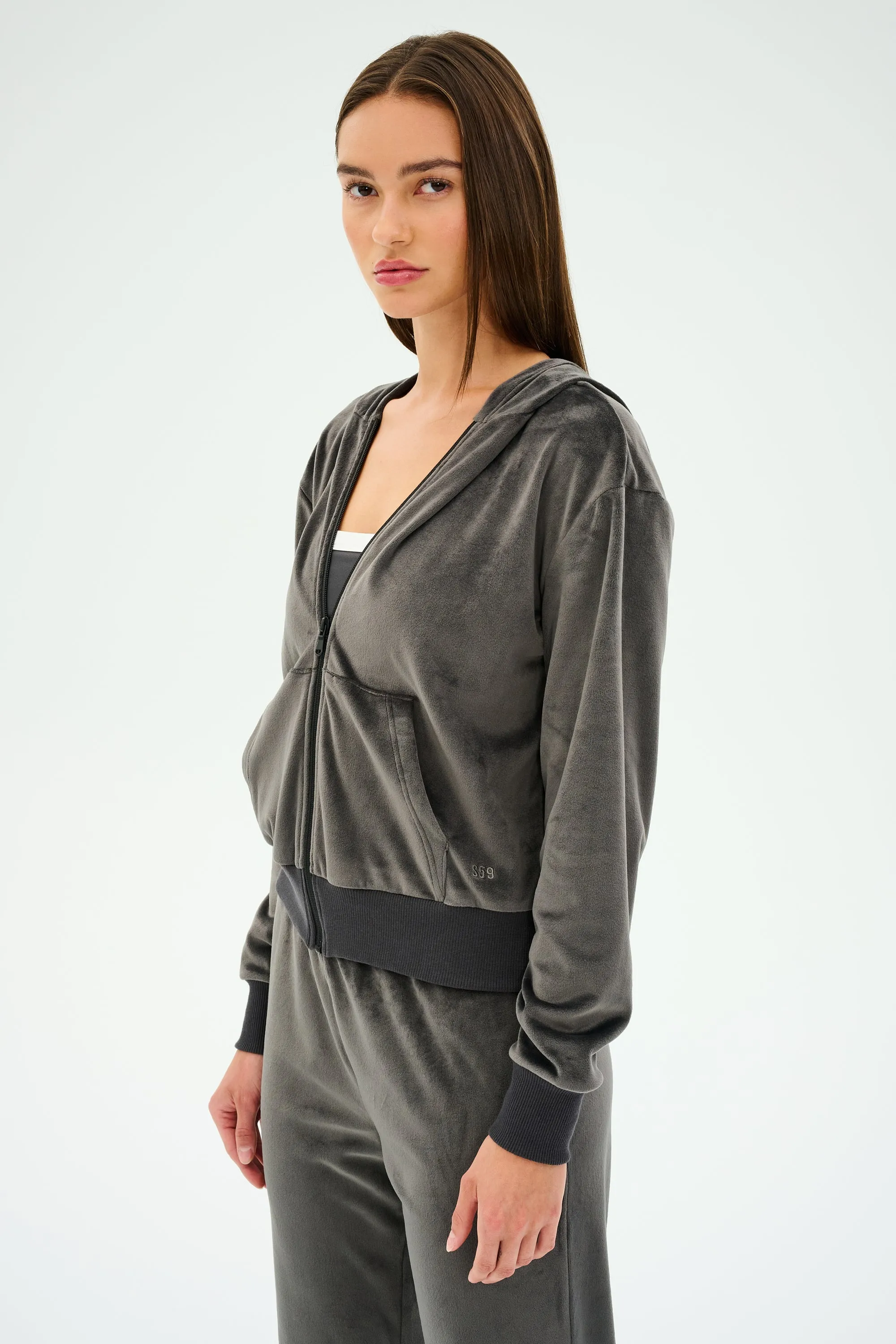 Rhys Velour Zip Up Hoodie - Graphite