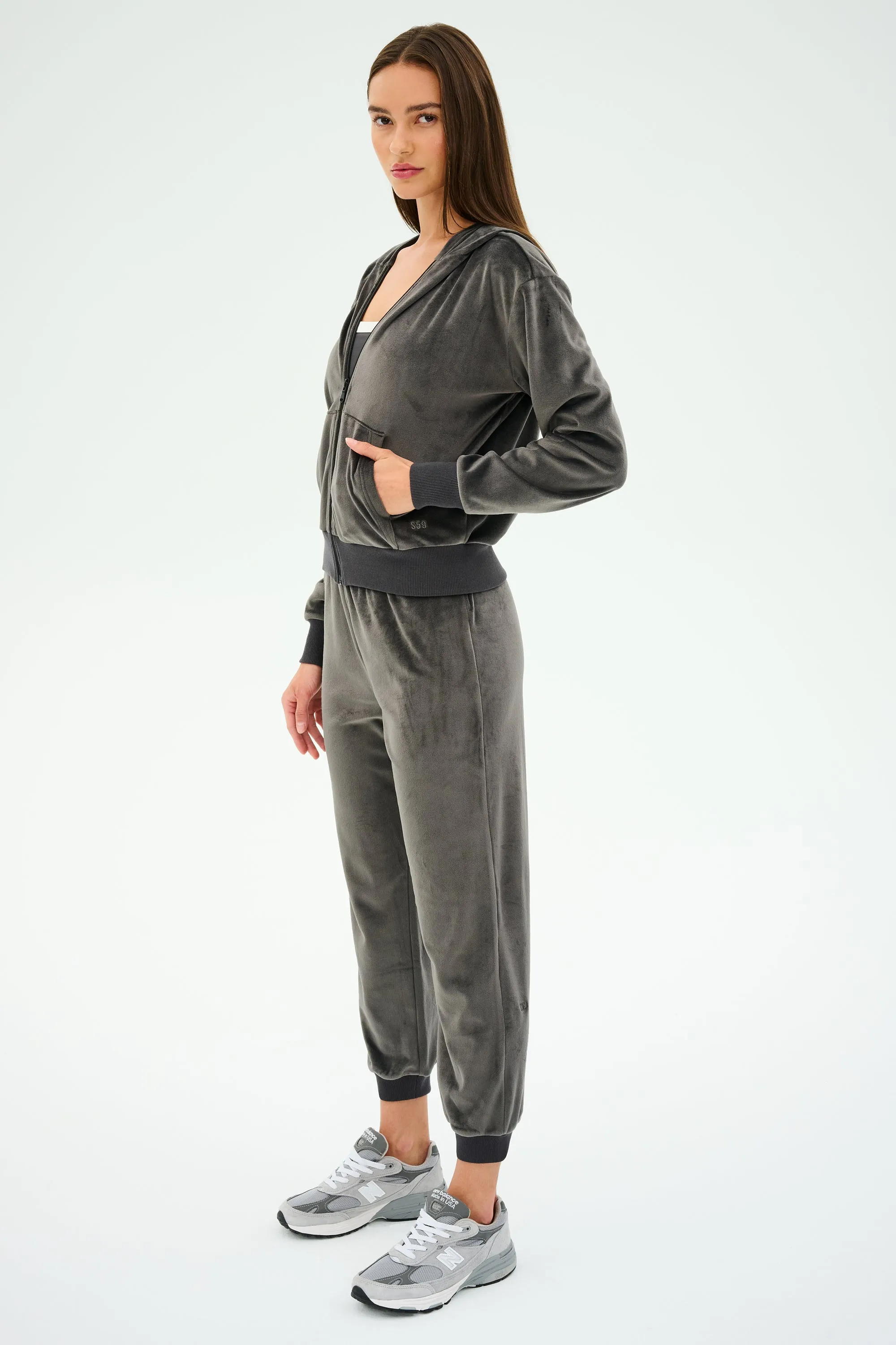 Rhys Velour Zip Up Hoodie - Graphite