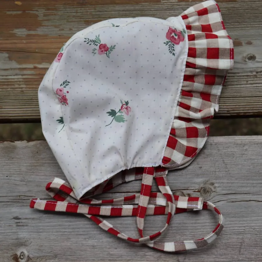 Ruffle Bonnet - Pink Florals and Checkered Red