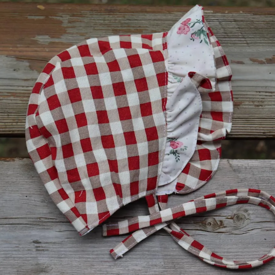 Ruffle Bonnet - Pink Florals and Checkered Red