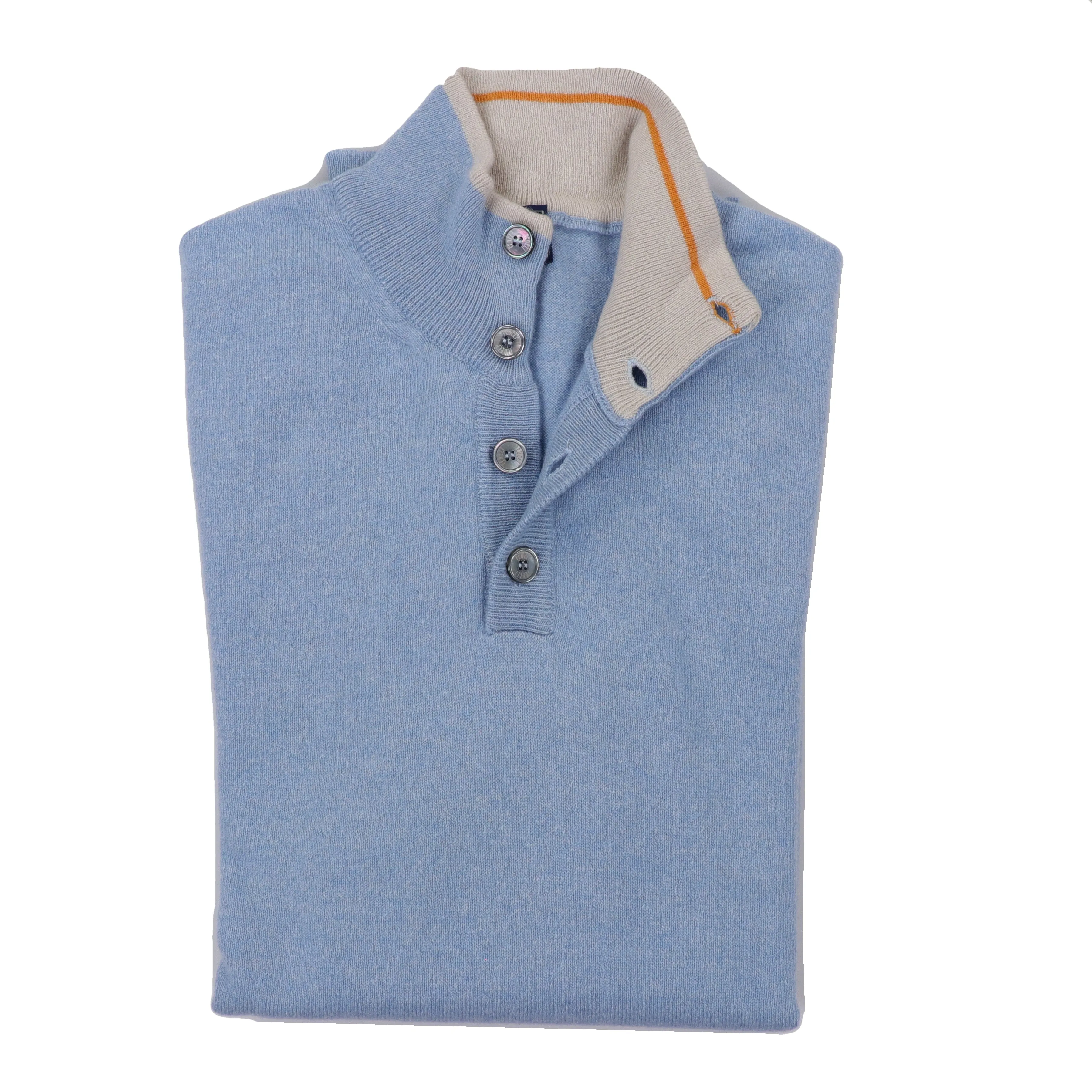 Scirocco Tricolor Half Button Cashmere Sweater in Carolina Blue